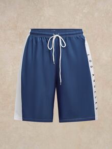 Courvante Plus Size Graffiti Set For Men,White,Baby Blue Color Block King Print Short Sleeve & Shorts 2-Piece Set,Loose Fit Summer Casual Vacation Sportswear - Blue and White - View 4