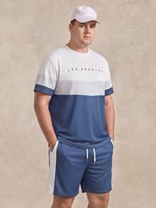 Courvante Plus Size Graffiti Set For Men,White,Baby Blue Color Block King Print Short Sleeve & Shorts 2-Piece Set,Loose Fit Summer Casual Vacation Sportswear - Blue and White - View 2
