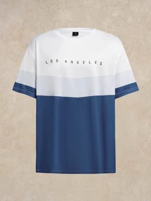 Courvante Plus Size Graffiti Set For Men,White,Baby Blue Color Block King Print Short Sleeve & Shorts 2-Piece Set,Loose Fit Summer Casual Vacation Sportswear - Blue and White - View 3