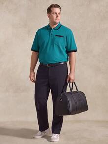 Men Plus Size Dark Teal Summer Smart Casual Golf Polo Shirt,Slim Fit Short Sleeve With Contrast Button Placket,Faux Pocket Design For Outdoor,Ceremony - Teal Blue - View 2