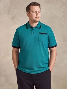 Men Plus Size Dark Teal Summer Smart Casual Golf Polo Shirt,Slim Fit Short Sleeve With Contrast Button Placket,Faux Pocket Design For Outdoor,Ceremony - Teal Blue - View 1