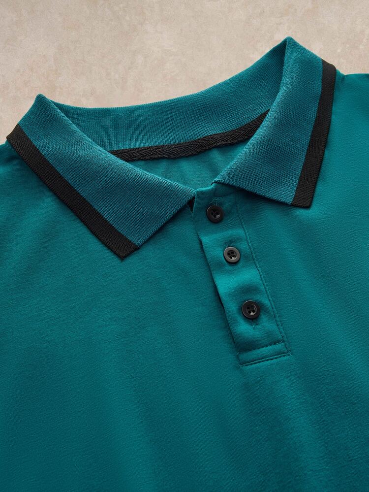 男士大尺碼深青色夏季休閒 Polo 衫，修身短袖高爾夫 Polo 衫，對比色鈕扣門襟，假口袋設計，適合休閒、戶外與儀式場合 - 水鴨藍 - 查看 5