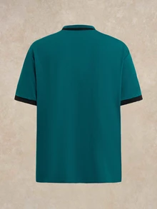 Men Plus Size Dark Teal Summer Smart Casual Golf Polo Shirt,Slim Fit Short Sleeve With Contrast Button Placket,Faux Pocket Design For Outdoor,Ceremony - Teal Blue - View 4