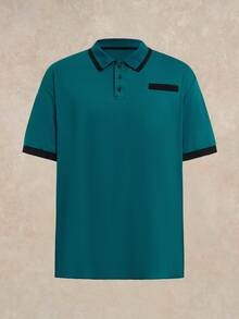 Men Plus Size Dark Teal Summer Smart Casual Golf Polo Shirt,Slim Fit Short Sleeve With Contrast Button Placket,Faux Pocket Design For Outdoor,Ceremony - Teal Blue - View 3