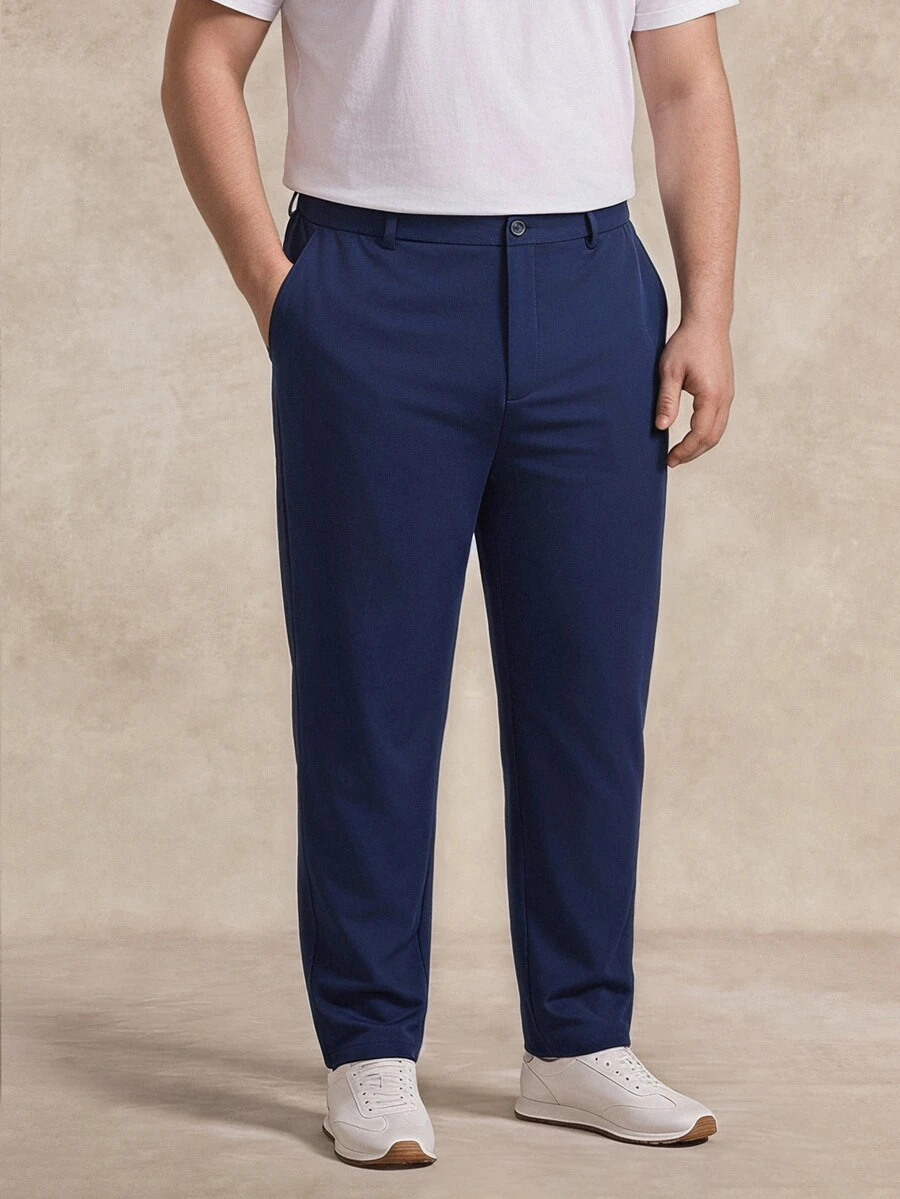 Courvante Plus Size Men's Solid Color Elastic Waist Pleated Suit Pants, Vacation, Father's Day Gifts, Golf, Business Commute, Fall Daily Commute - Navy Blue - View 1