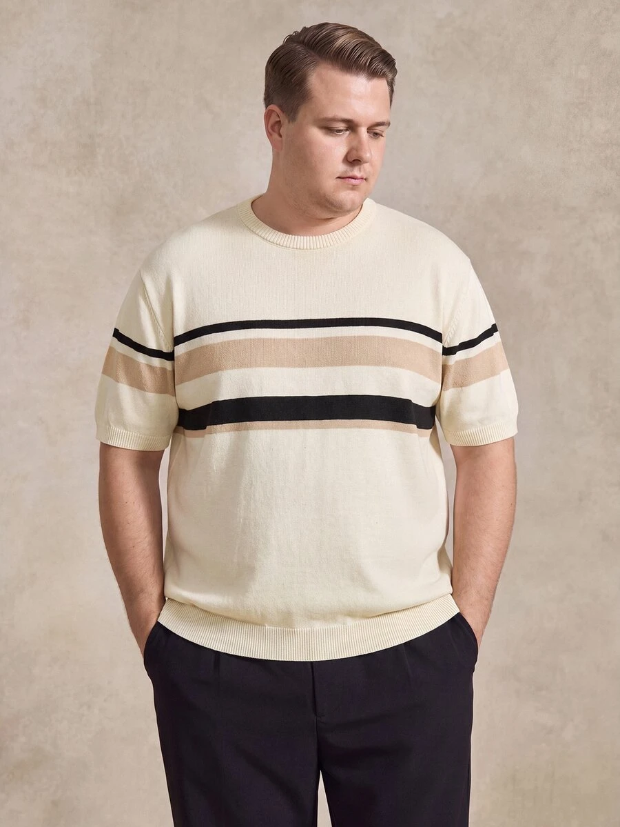 Courvante Plus Size Men's Off-White Checkered Pattern Short Sleeve Crew Neck Knit Top Holiday Summer Casual Matching Smart Casual Vacation Old Money Gift - Multicolor - View 1