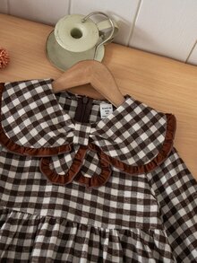 SHEIN Young Girl Woven Plaid Peter Pan Collar Ruffle Casual Dress - Khaki - View 7