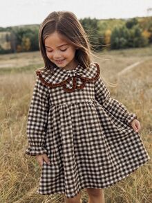 SHEIN Young Girl Woven Plaid Peter Pan Collar Ruffle Casual Dress - Khaki - View 3