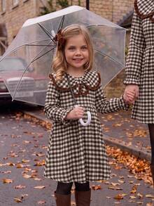 SHEIN Young Girl Woven Plaid Peter Pan Collar Ruffle Casual Dress - Khaki - View 2