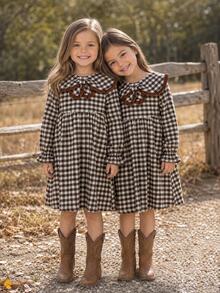 SHEIN Young Girl Woven Plaid Peter Pan Collar Ruffle Casual Dress - Khaki - View 4