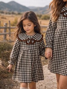SHEIN Young Girl Woven Plaid Peter Pan Collar Ruffle Casual Dress - Khaki - View 1