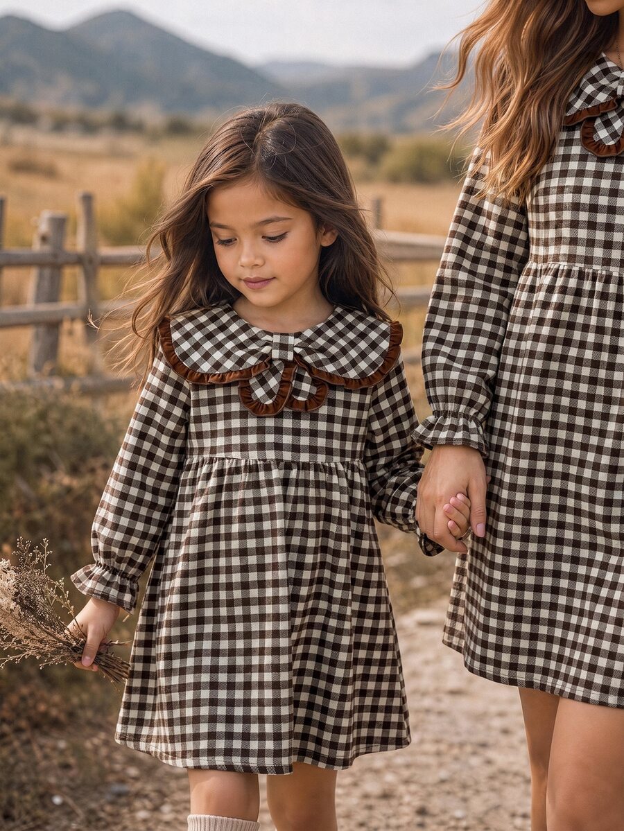 SHEIN Young Girl Woven Plaid Peter Pan Collar Ruffle Casual Dress - Khaki - View 1