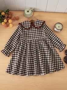 SHEIN Young Girl Woven Plaid Peter Pan Collar Ruffle Casual Dress - Khaki - View 6