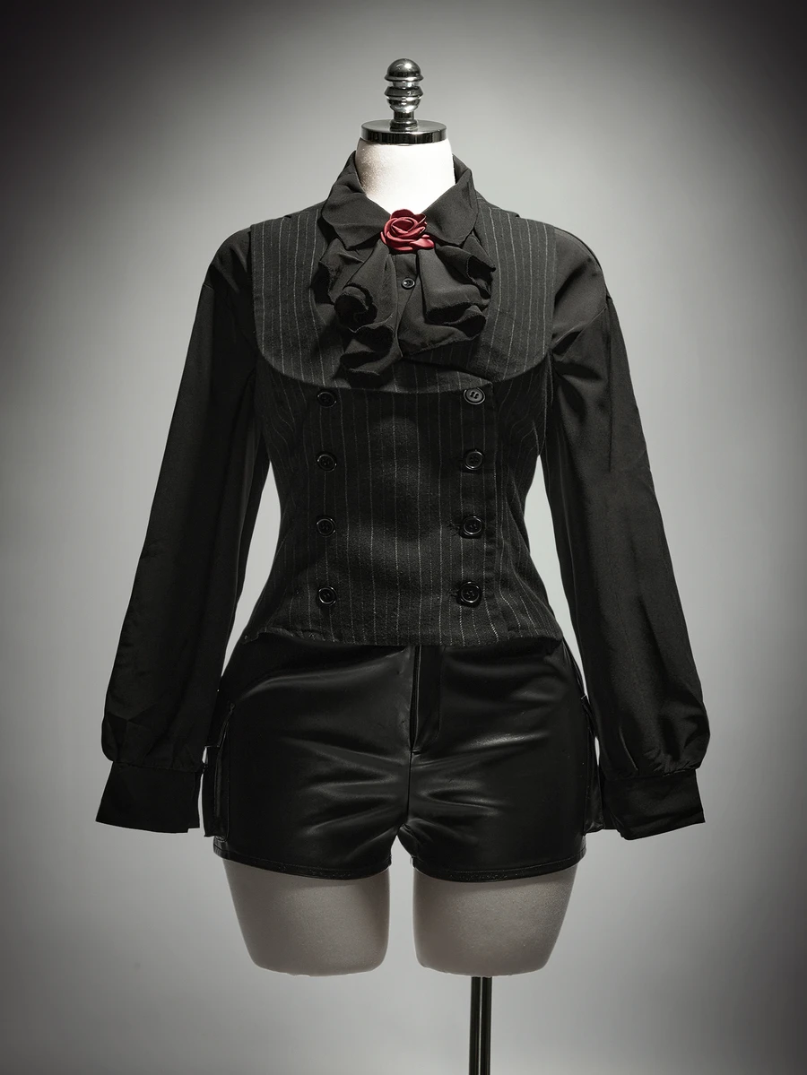 SHEIN ICON Plus Size Retro 1920 Vintage Sexy Y2K Elegant British Style Simple Commuter Dinner Party Black And White Double-Breasted Suit Vest Halloween Summer - Dark Grey - View 1