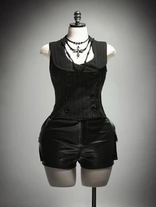 SHEIN ICON Plus Size Retro 1920 Vintage Sexy Y2K Elegant British Style Simple Commuter Dinner Party Black And White Double-Breasted Suit Vest Halloween Summer - Dark Grey - View 5