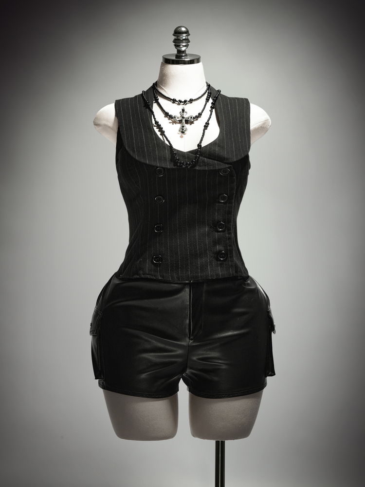SHEIN ICON 大尺碼復古1920年代性感Y2K優雅英倫風簡約通勤晚宴黑白雙排扣西裝背心萬聖節夏季 - 深灰色 - 查看 5