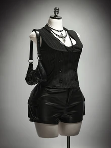 SHEIN ICON Plus Size Retro 1920 Vintage Sexy Y2K Elegant British Style Simple Commuter Dinner Party Black And White Double-Breasted Suit Vest Halloween Summer - Dark Grey - View 3