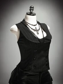 SHEIN ICON Plus Size Retro 1920 Vintage Sexy Y2K Elegant British Style Simple Commuter Dinner Party Black And White Double-Breasted Suit Vest Halloween Summer - Dark Grey - View 7