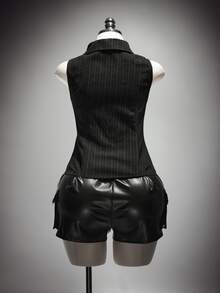 SHEIN ICON Plus Size Retro 1920 Vintage Sexy Y2K Elegant British Style Simple Commuter Dinner Party Black And White Double-Breasted Suit Vest Halloween Summer - Dark Grey - View 2