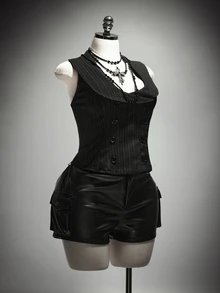 SHEIN ICON Plus Size Retro 1920 Vintage Sexy Y2K Elegant British Style Simple Commuter Dinner Party Black And White Double-Breasted Suit Vest Halloween Summer - Dark Grey - View 6