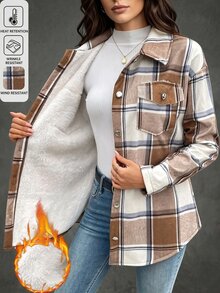 EMERY ROSE Women's Plaid Single-Breasted Casual Fleece Jacket, Autumn/Winter - Mocha Brown - View 8