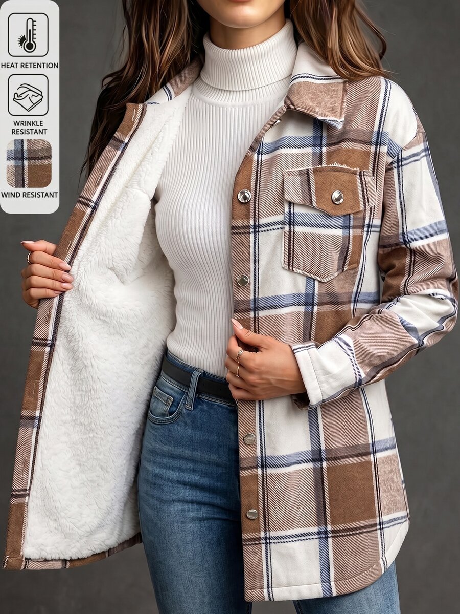 EMERY ROSE Women's Plaid Single-Breasted Casual Fleece Jacket, Autumn/Winter - Mocha Brown - View 1