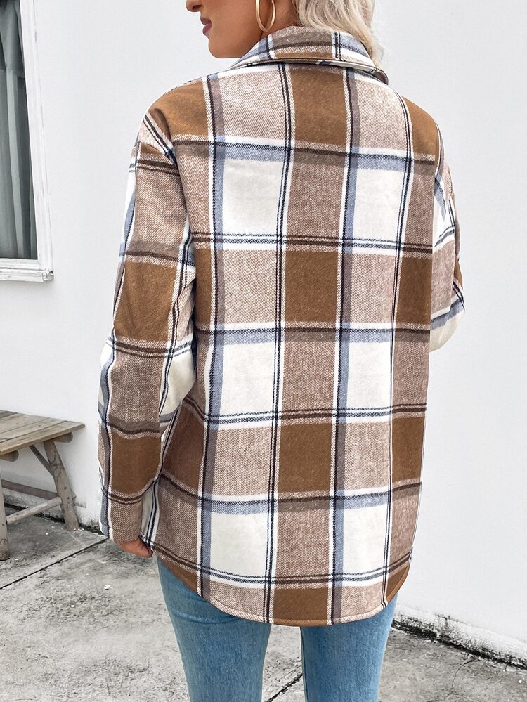 EMERY ROSE Women's Plaid Single-Breasted Casual Fleece Jacket, Autumn/Winter - Mocha Brown - View 2