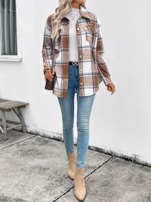 EMERY ROSE Women's Plaid Single-Breasted Casual Fleece Jacket, Autumn/Winter - Mocha Brown - View 4