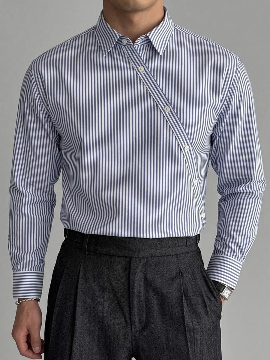 Manfinity CasualKnits 男士休閒通勤條紋長袖襯衫 - 藍白色 - 查看 1