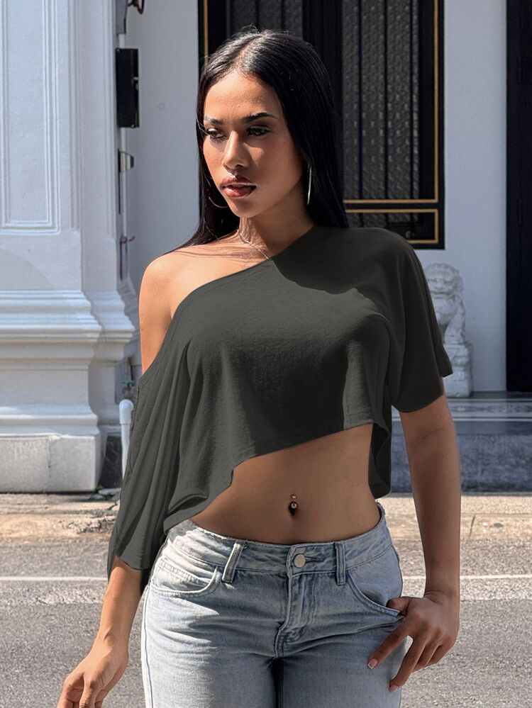 Slaydiva Summer Fashion Lazy Daily Asymmetrical Shoulder Cinched Waist Ruched Loose Drop Shoulder Short Sleeve T-Shirt Women White T-Shirt Top-A - Dark Grey - View 4