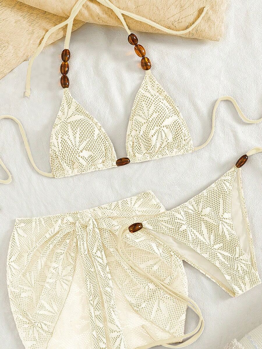 SHEIN Swim 3pcs/Set Sexy Beaded Halter Backless Bikini Set With Drawstring Triangle Top And Tie-Up Mini Skirt, Summer Vacation - Apricot - View 1