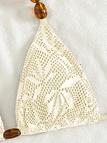 SHEIN Swim 3pcs/Set Sexy Beaded Halter Backless Bikini Set With Drawstring Triangle Top And Tie-Up Mini Skirt, Summer Vacation - Apricot - View 3