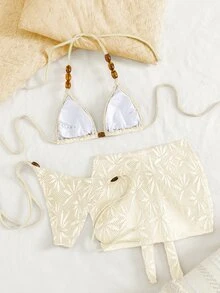 SHEIN Swim 3pcs/Set Sexy Beaded Halter Backless Bikini Set With Drawstring Triangle Top And Tie-Up Mini Skirt, Summer Vacation - Apricot - View 2