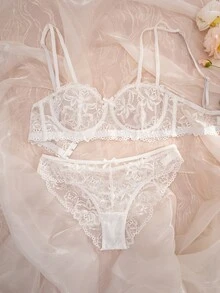 Crystal Vow Set de 2 sujetadores con encaje, parche y lazo, con aros y copas delgadas, cómodos para mujer - Blanco - Ver 2
