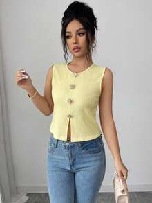 Selianne Women's 2026 Spring/Summer New Rose Buckle Decor Pleated Tank Top Brunch Pale Yellow Elegant - Yellow - View 7