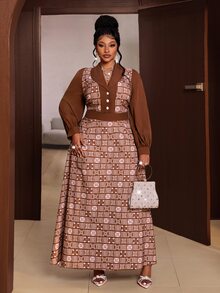 Maweii Spring Autumn Winter Patchwork Design Cinched Waist A-Line Minimalist Casual Elegant New Essential Daily Wear Niche Design Design Sophisticated Refined High-End Back Waist Ruched Design Brown Plus Size Women Long Dress - Multicolor - View 6