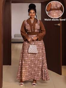 Maweii Spring Autumn Winter Patchwork Design Cinched Waist A-Line Minimalist Casual Elegant New Essential Daily Wear Niche Design Design Sophisticated Refined High-End Back Waist Ruched Design Brown Plus Size Women Long Dress - Multicolor - View 2