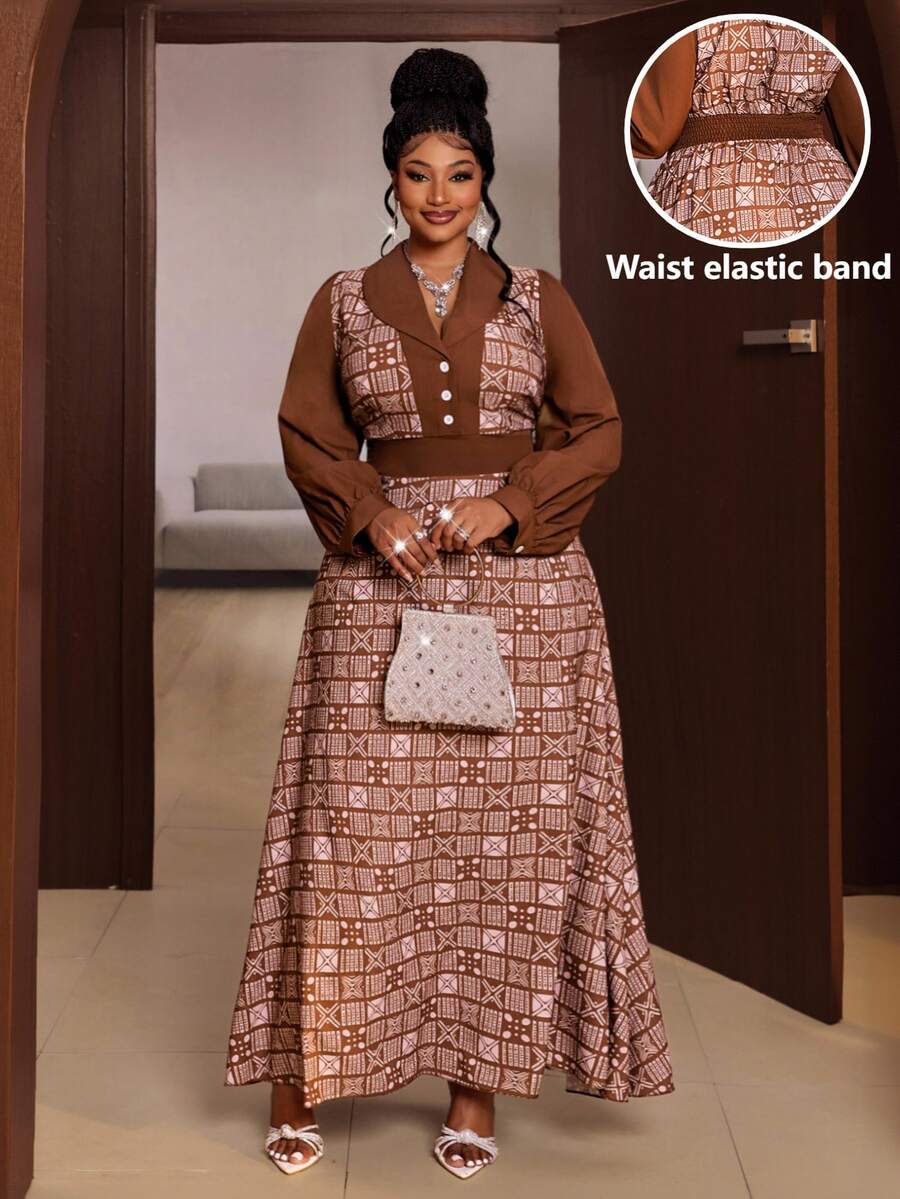 Maweii Spring Autumn Winter Patchwork Design Cinched Waist A-Line Minimalist Casual Elegant New Essential Daily Wear Niche Design Design Sophisticated Refined High-End Back Waist Ruched Design Brown Plus Size Women Long Dress