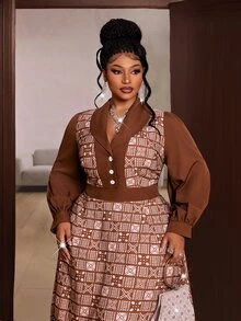 Maweii Spring Autumn Winter Patchwork Design Cinched Waist A-Line Minimalist Casual Elegant New Essential Daily Wear Niche Design Design Sophisticated Refined High-End Back Waist Ruched Design Brown Plus Size Women Long Dress - Multicolor - View 4