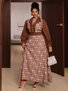 Maweii Spring Autumn Winter Patchwork Design Cinched Waist A-Line Minimalist Casual Elegant New Essential Daily Wear Niche Design Design Sophisticated Refined High-End Back Waist Ruched Design Brown Plus Size Women Long Dress - Multicolor - View 5