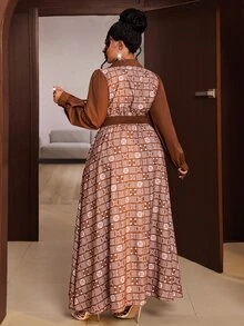 Maweii Spring Autumn Winter Patchwork Design Cinched Waist A-Line Minimalist Casual Elegant New Essential Daily Wear Niche Design Design Sophisticated Refined High-End Back Waist Ruched Design Brown Plus Size Women Long Dress - Multicolor - View 3