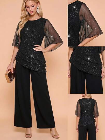 Amorya Women's Shiny Asymmetrical Hem Top And Loose Long Pants 2 Pieces Set Night Out Party Black Summer Sexy Elegant