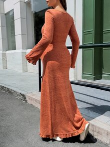 Lyckli Maternity Solid Color Square Neck Bell Sleeve Elegant Dress Fall - Multicolor - View 6