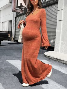 Lyckli Maternity Solid Color Square Neck Bell Sleeve Elegant Dress Fall - Multicolor - View 5
