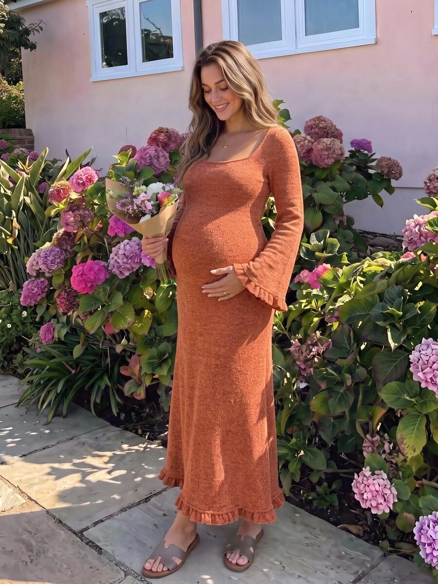 Lyckli Maternity Solid Color Square Neck Bell Sleeve Elegant Dress Fall - Multicolor - View 1