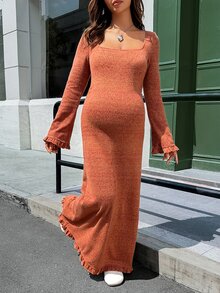 Lyckli Maternity Solid Color Square Neck Bell Sleeve Elegant Dress Fall - Multicolor - View 4