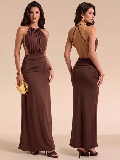 Bluhae Fashionable Sexy Elegant Evening Party Cocktail Cinched Waist Beaded Decor Halter Neck Back Cross Design Women's Spring Autumn Long Dark Brown Dress