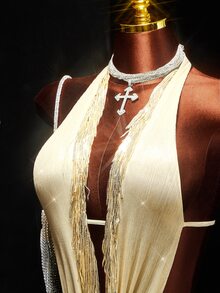 Amplova Women's Tassel Design Sexy Date Party Mini Halter Dress - Gold - View 7
