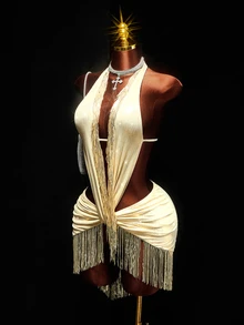 Amplova Women's Tassel Design Sexy Date Party Mini Halter Dress - Gold - View 1