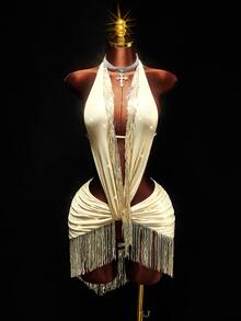 Amplova Women's Tassel Design Sexy Date Party Mini Halter Dress - Gold - View 5
